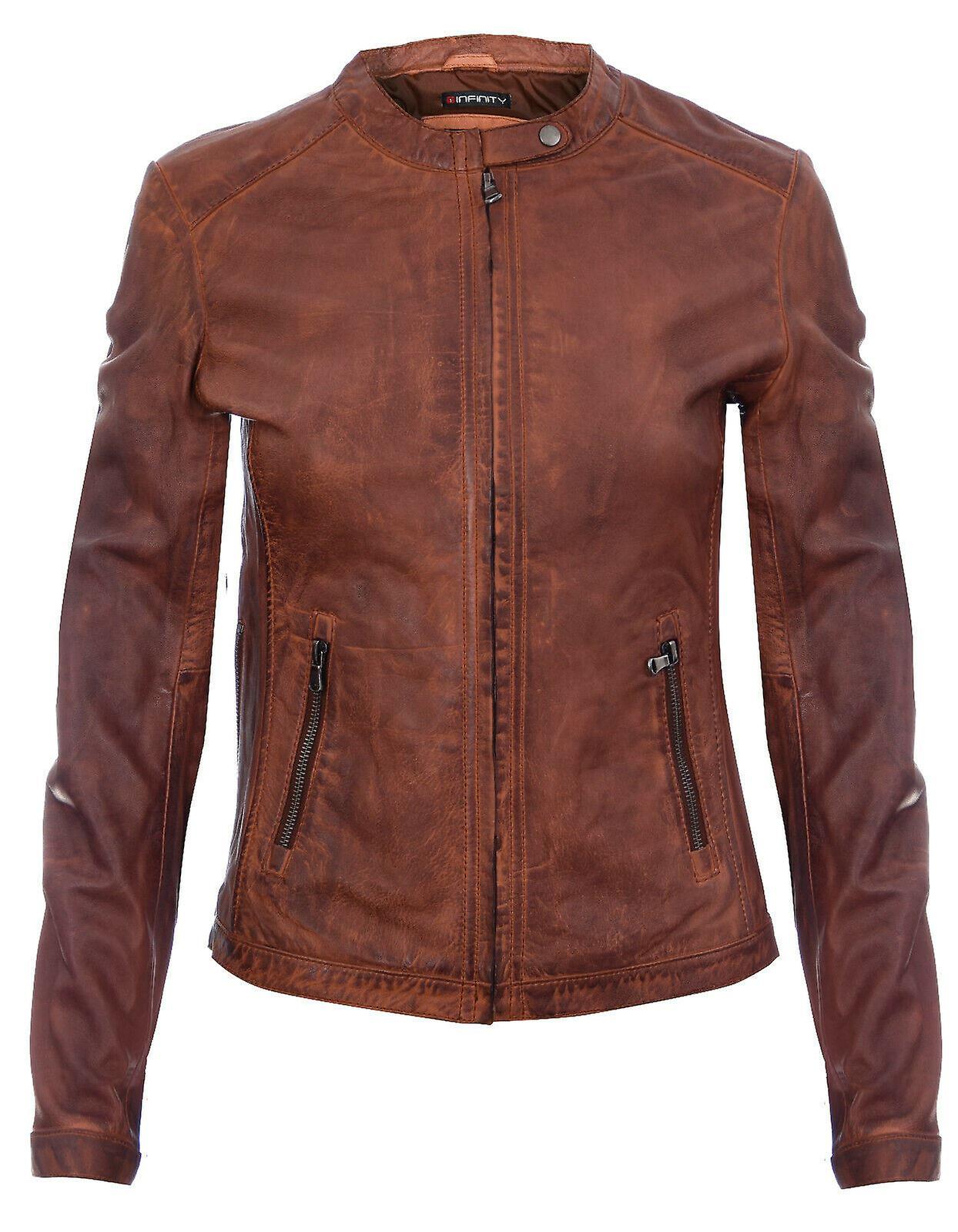 Ladies Coniac Tan Vintage Brando Leather Biker Jacket