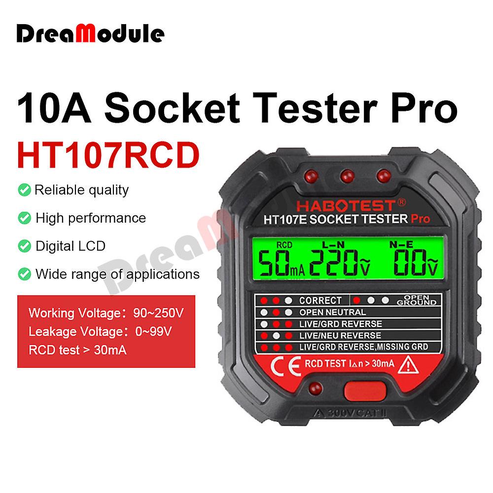 Ht107 Digital Display Socket Tester Pro Voltage Test Rcd 30ma Socket Detector Zero Line Plug Polarity Phase Check Cable Tester