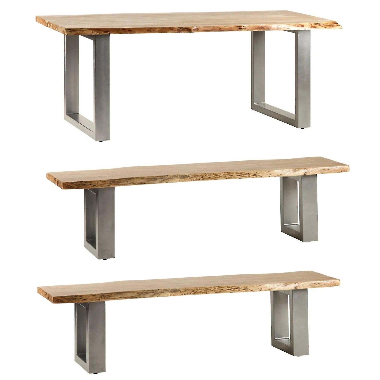 Esser Live Edge Large Dining Table Set With 2 Benches