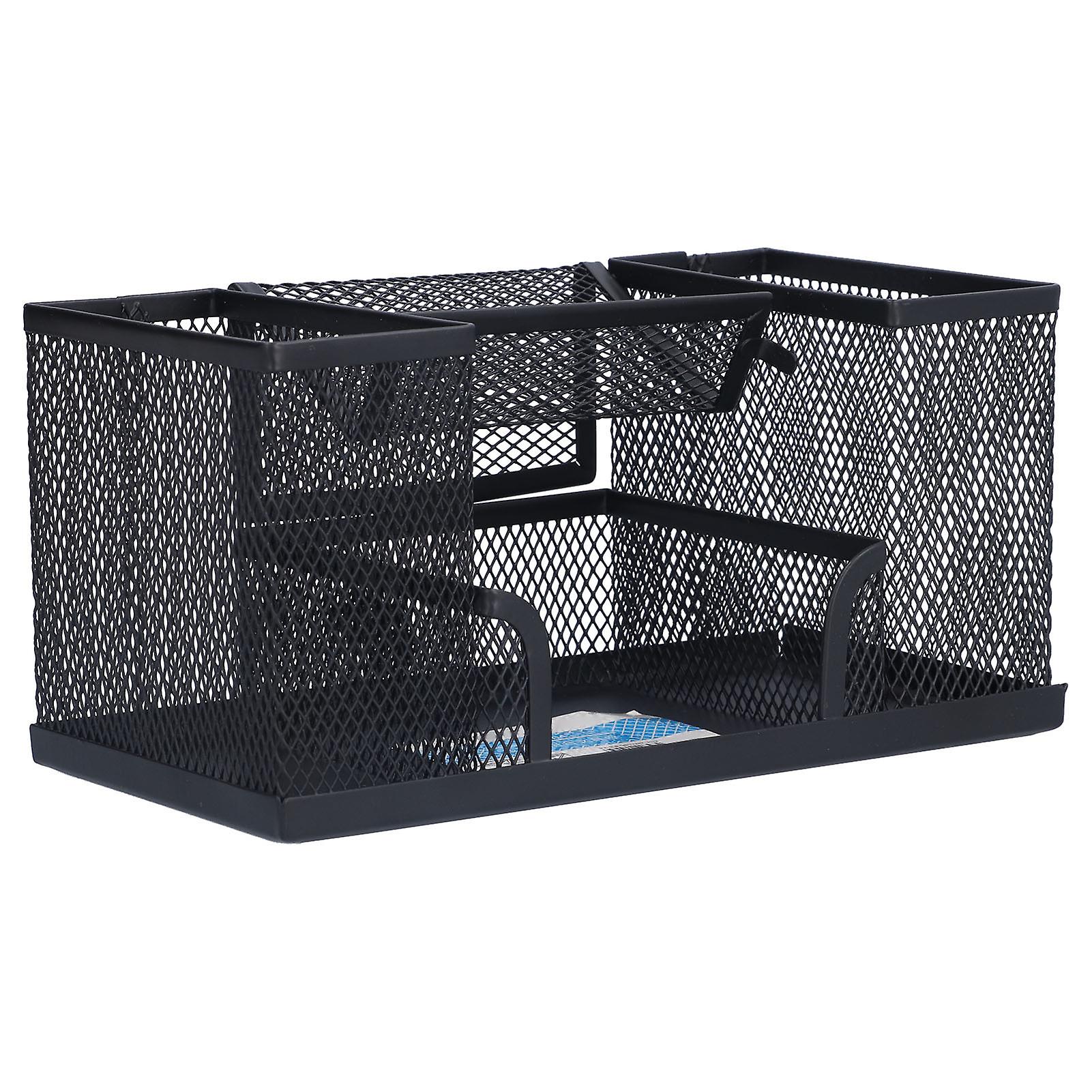 Pen Holder Metal Rectangular Grid Pencil Container Black Desk Storage Box for Office