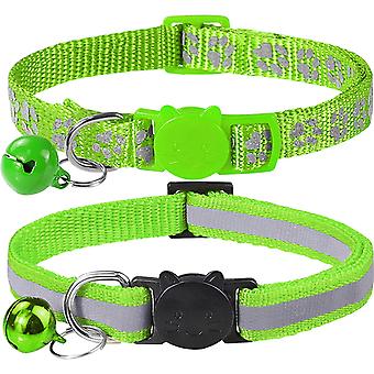 Veeki Reflective Cat Collars Breakaway with Bell, 2-Pack Girl Boy Pet Kitten Collar Adjustable 7.5-12.5 Inch, Green