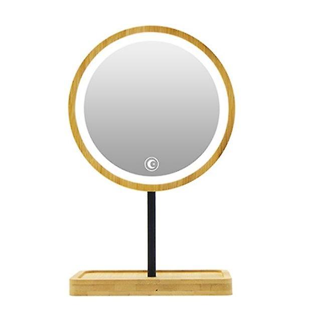 Wooden Desktop Led Makeup Mirror Usb Charging Adjustable Bright Diffused Light Press Screen Beauty Mirrors