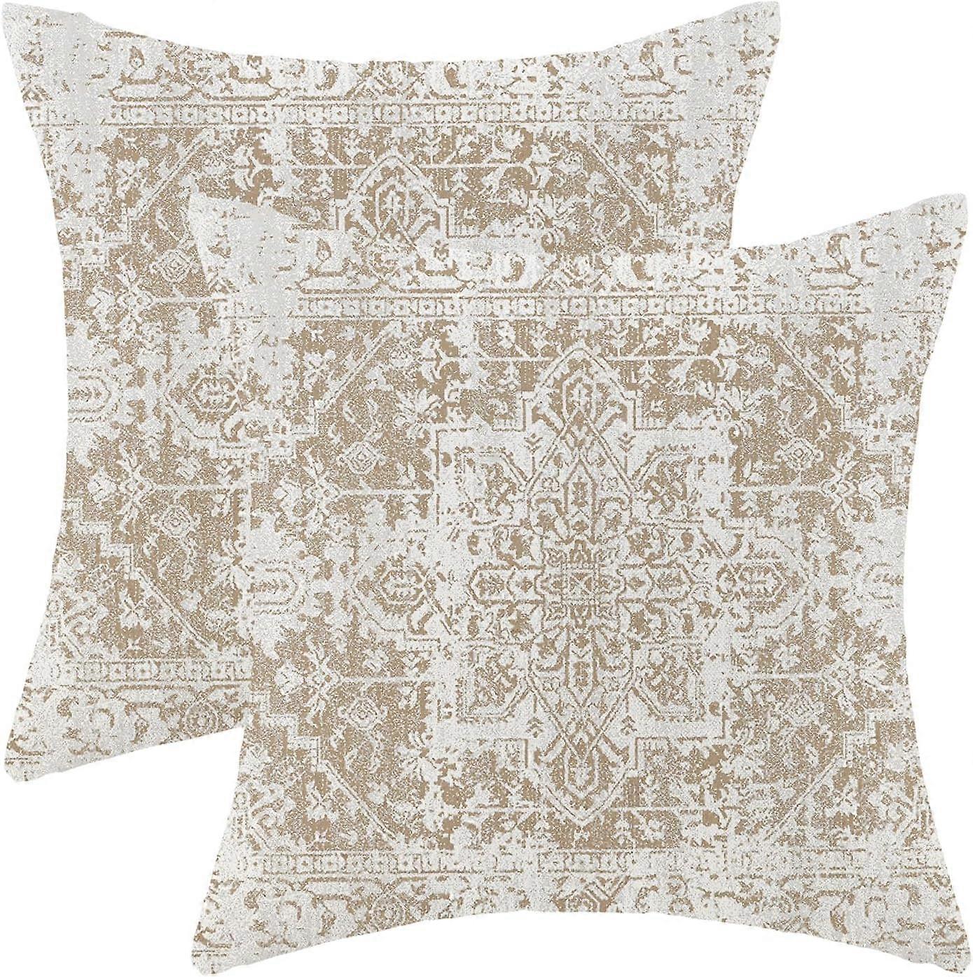 Boho Pillow Covers 18x18 Inch Set of 2,Carpet Pattern Throw Pillows Case,Brown Beige White Ethnic Design Outdoor Decorative Square Linen Farmhouse Dec