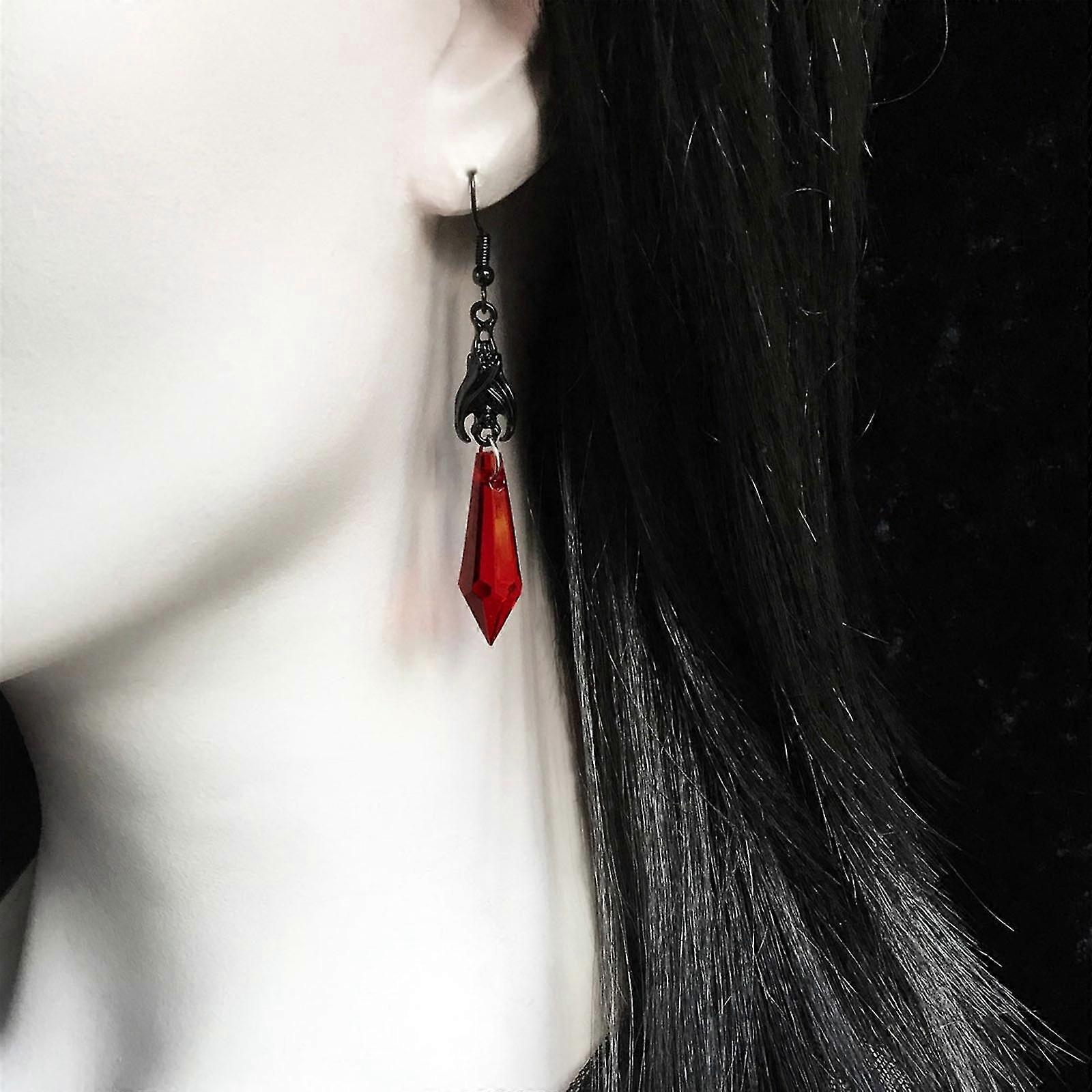 Hexagonal Pendant Earring With Black Bat Charm Dangle Earring Red Gem Drop