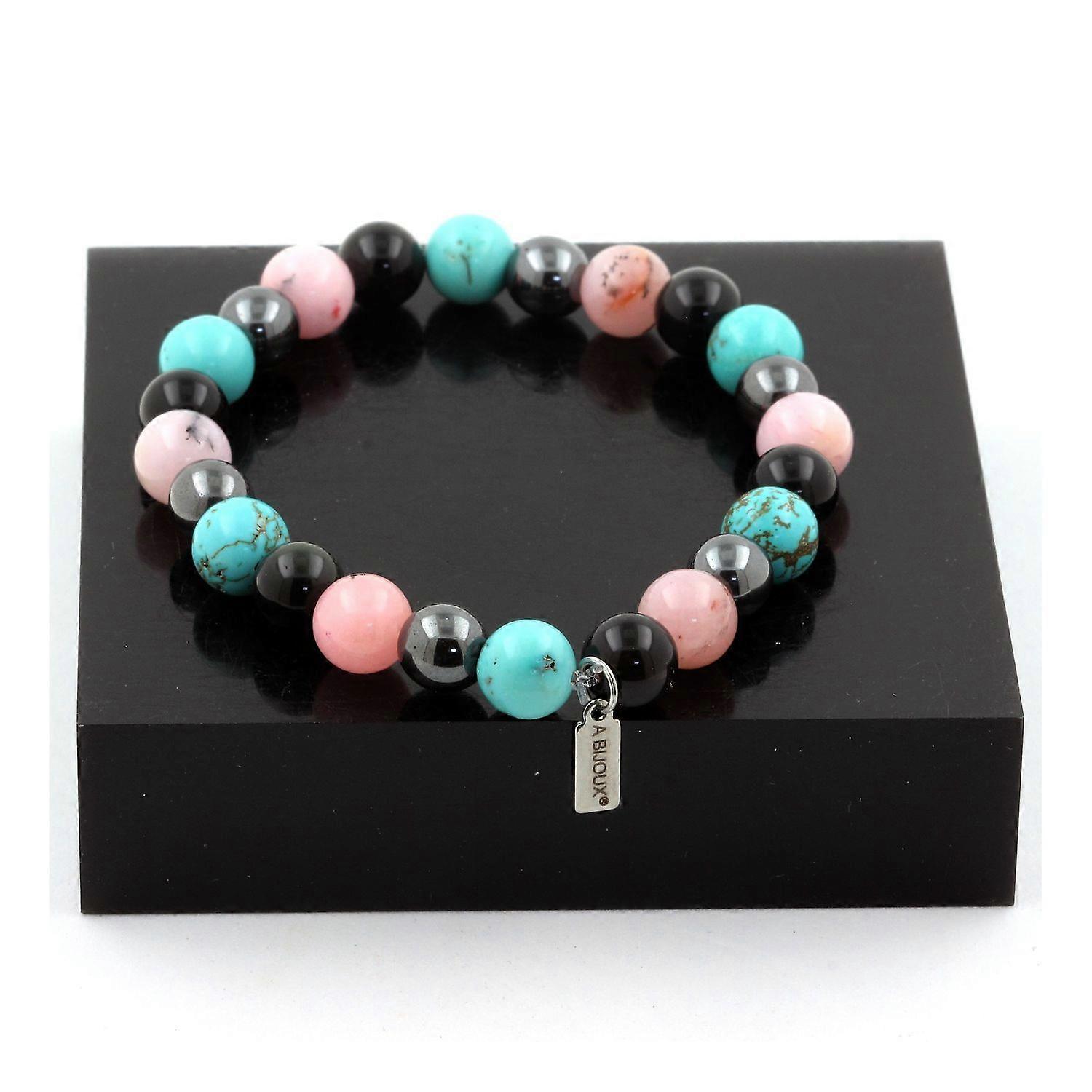 Bracelet Beads Black Obsidian + Hematite + Pink Opal + Turquoise 8 mm