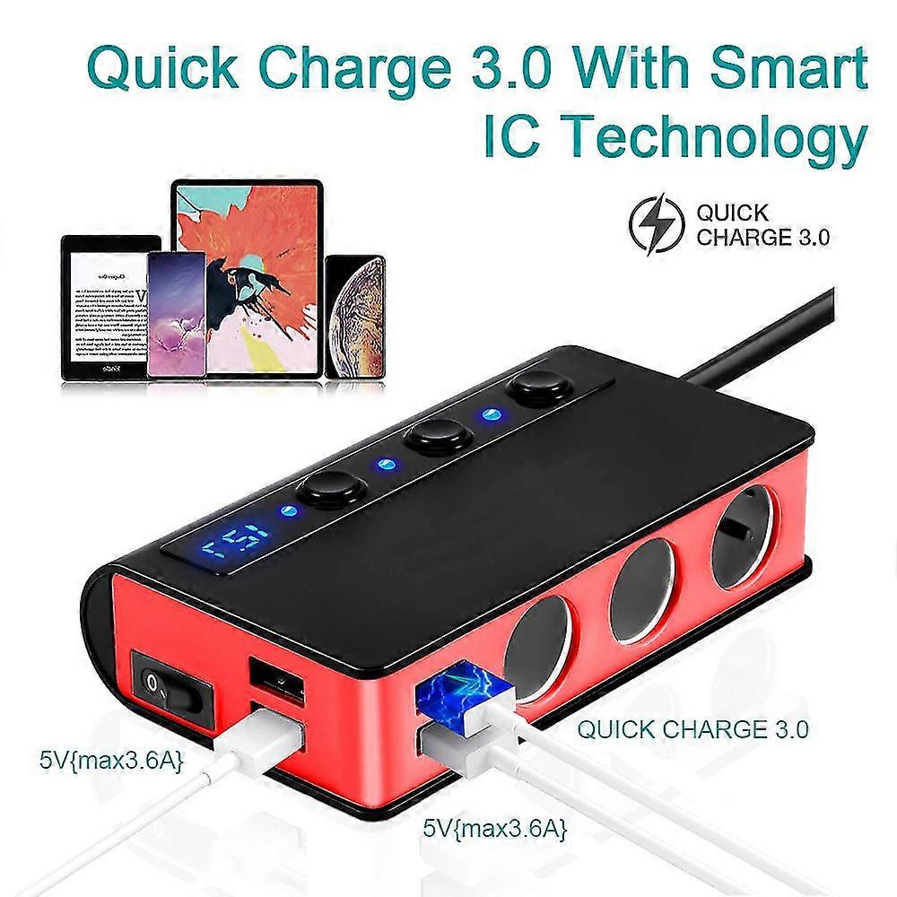 Cigarette Lighter Adapter Quick Charge 3.0 180w 3-socket Splitter