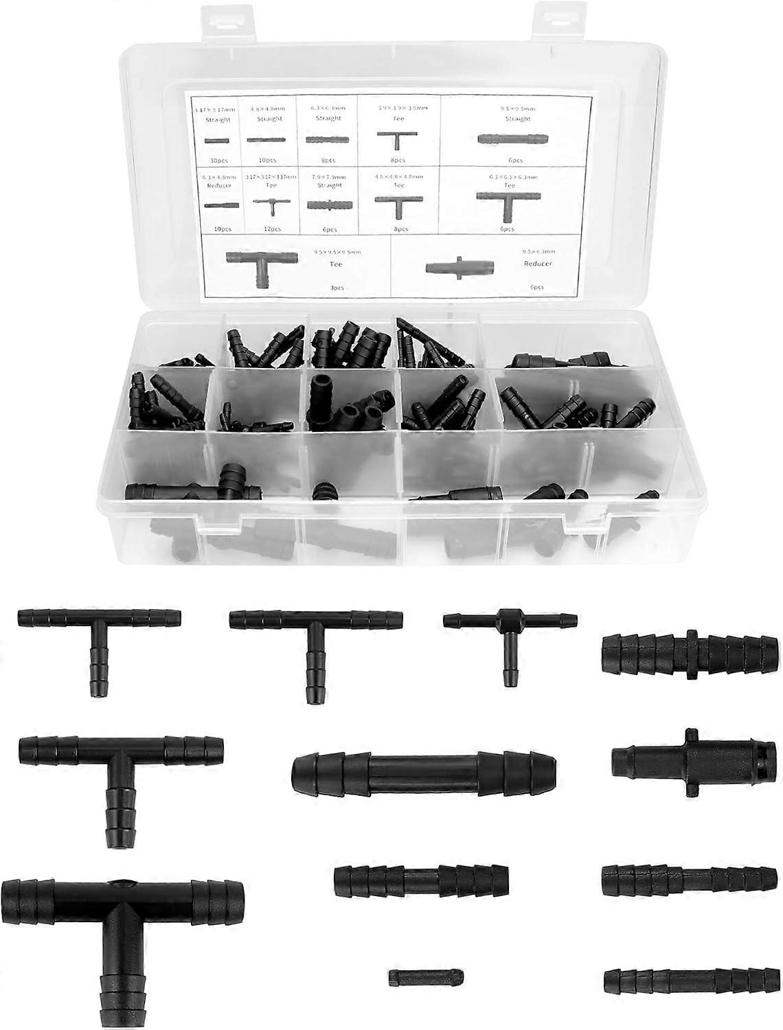 good 113 Piece Hose Connector Set - 12 Sizes Straight and Reducer - for Windshield Washer System Hose, Garden Hoses and Irrigation System