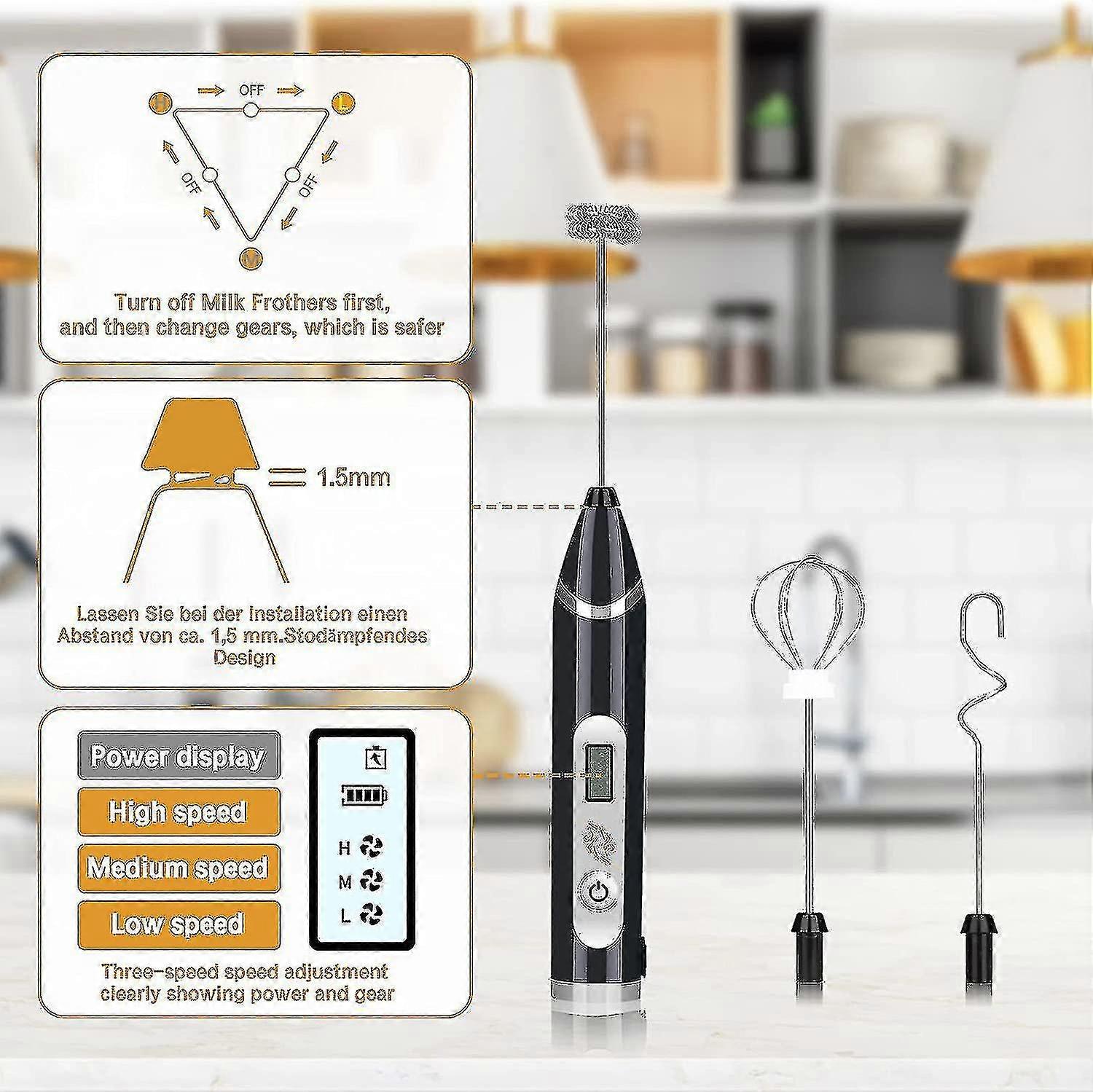 Electric Milk Frother, 3 In 1 Lcd Display Milk Frother Usb Rechargeable 3 Speed