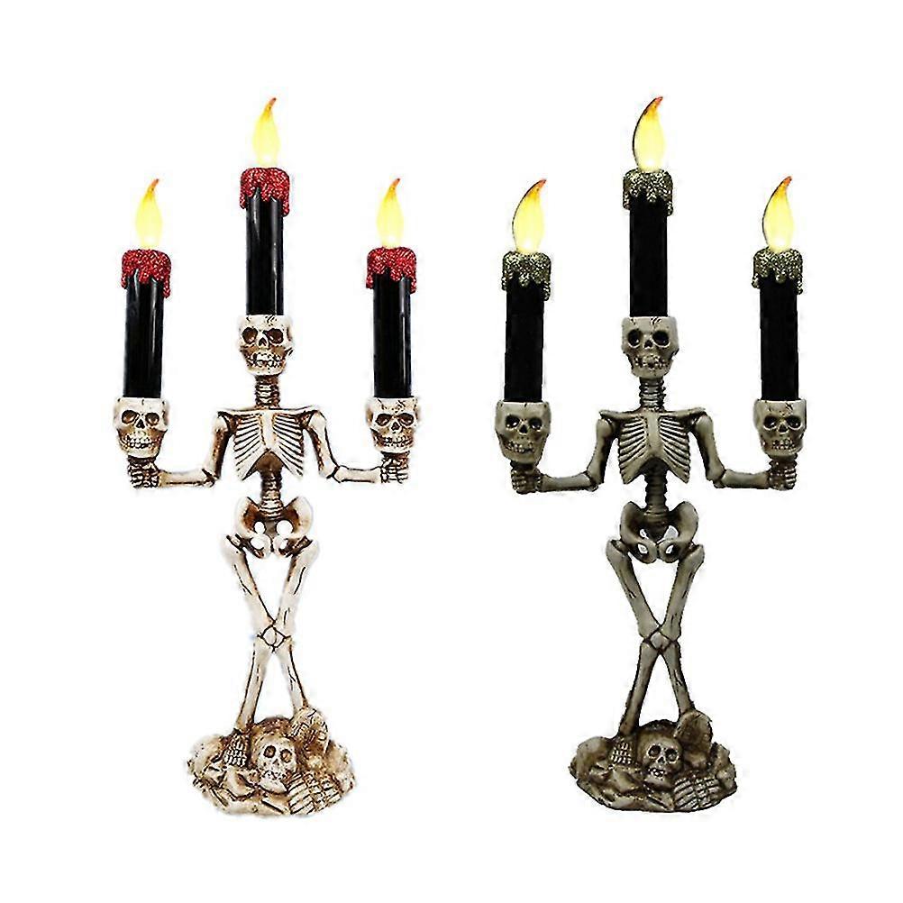 2 Pcs Desk Topper Halloween Skull Candles Flameless Candlestick Halloween Taper Candles Skull Candles Light