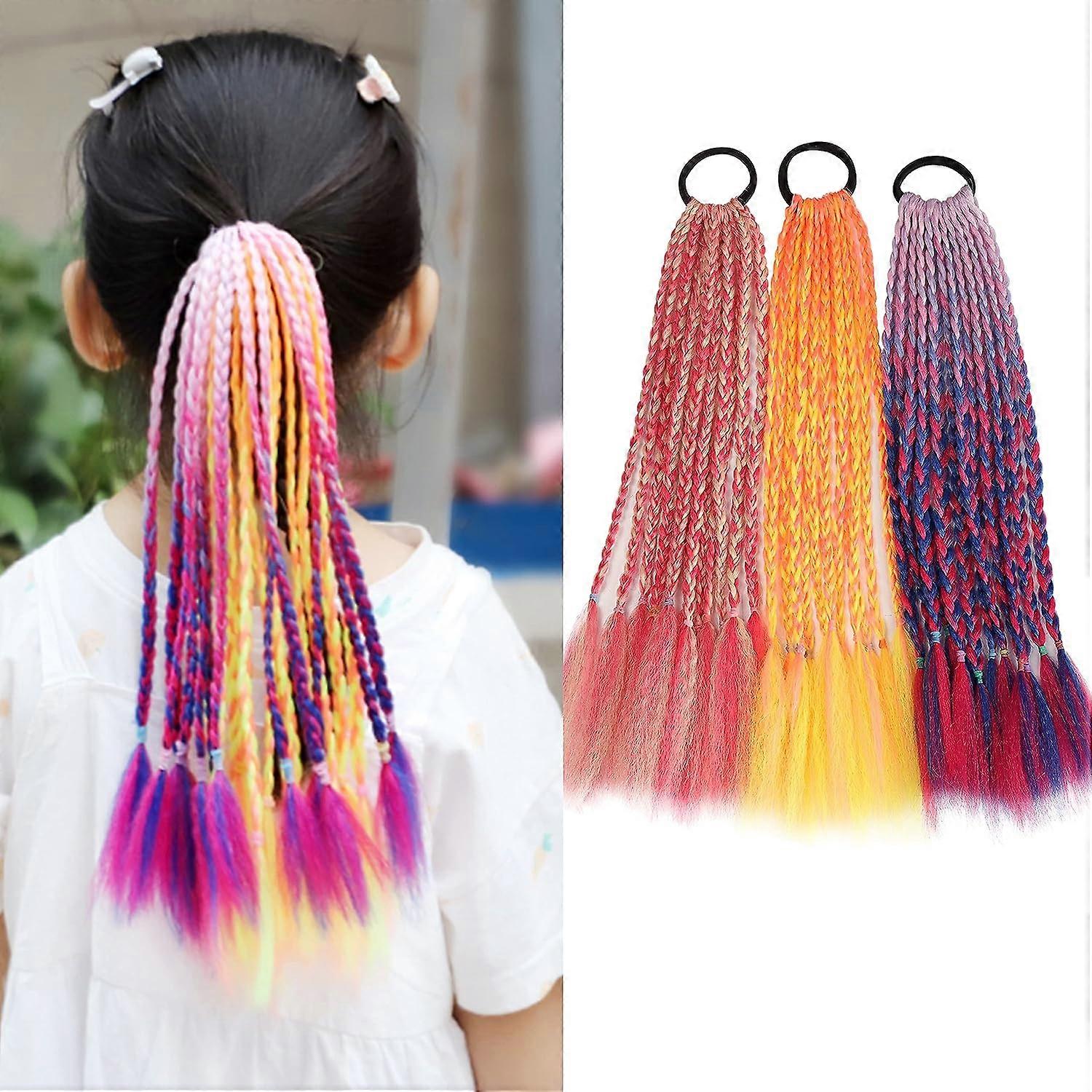 Kid Hair Braid Colorful Braids Hair Extensions Colorful Accessories with Elastic Rope Band for Kids and Women - 3 Pieces
