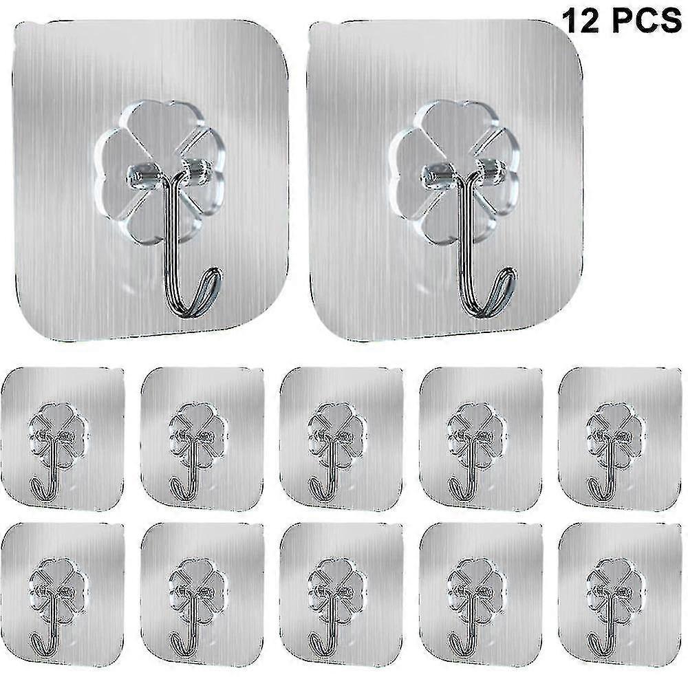 12 Pcs Self Adhesive Sticky Hooks, Transparent Wall Hooks No Drilling