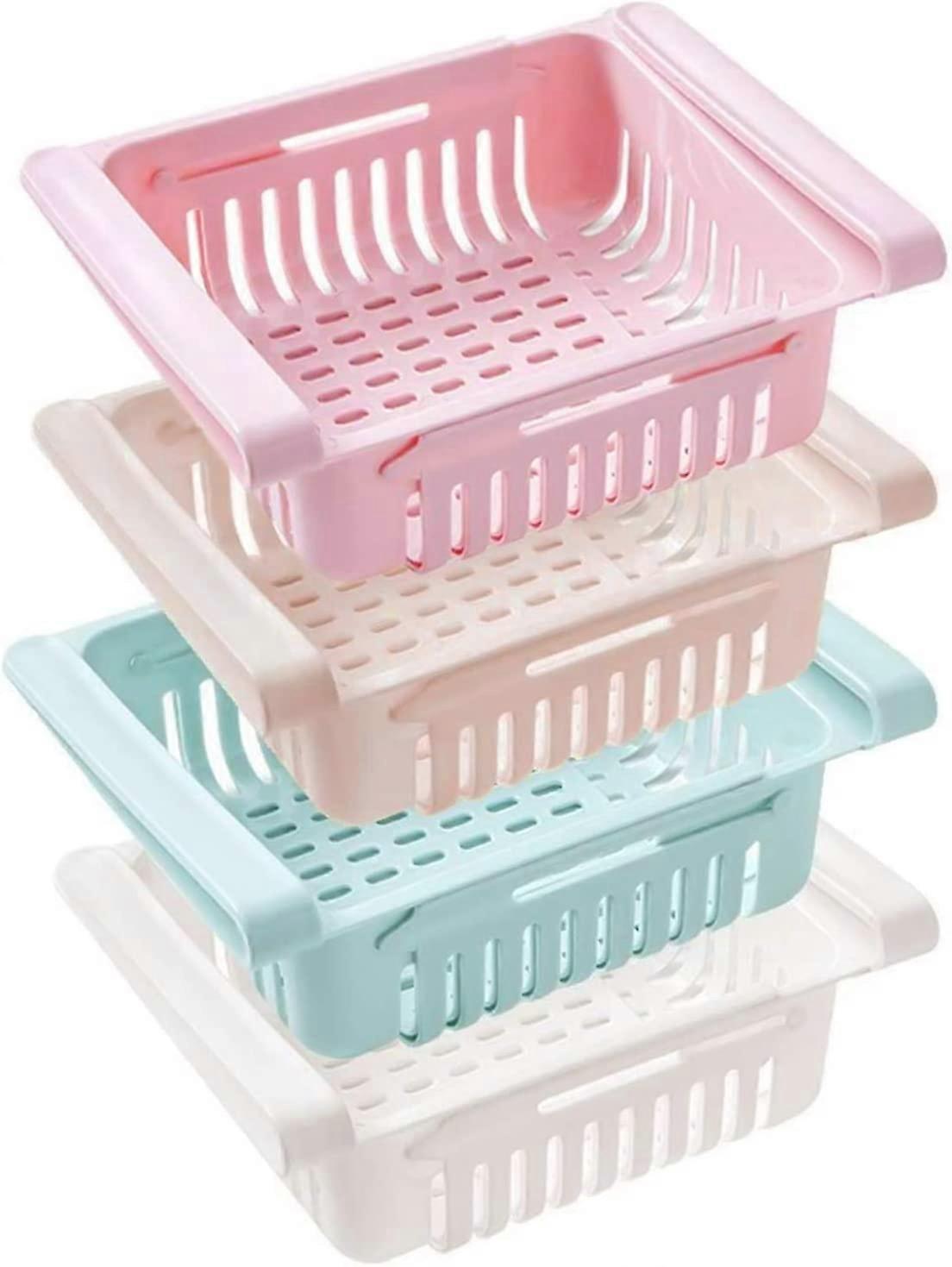 4Pcs Fridge Drawer Organiser, Retractable Fridge Storage Drawer, Space Saving Storage Basket Under Shelf for Fridge