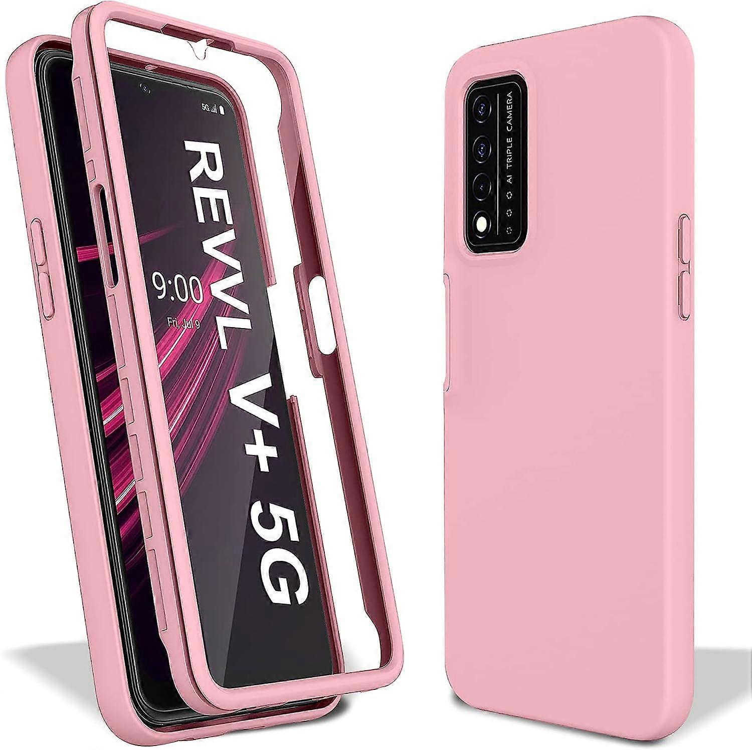 Design Heavy Duty Case for T-Mobile Revvl V+ Plus 5G Case with Built-in Screen Protector Dual-Layer PC Silicone Shockproof Protective Cover (Pink)