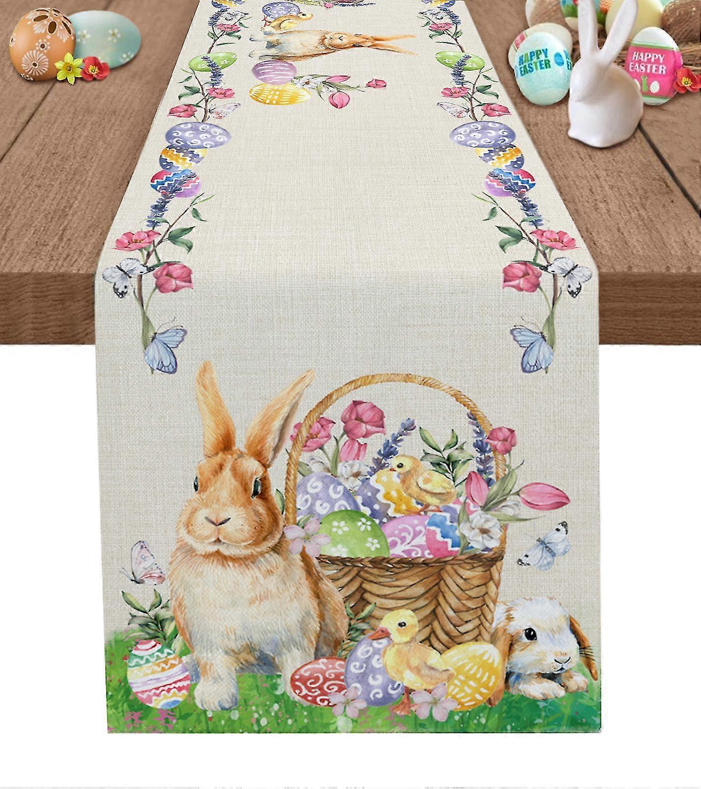 Easter Bunny Egg Duck Flower Linen Table Runner Wedding Decoration Anti-fouling Rectangular Dining Table Runner Table Decoration