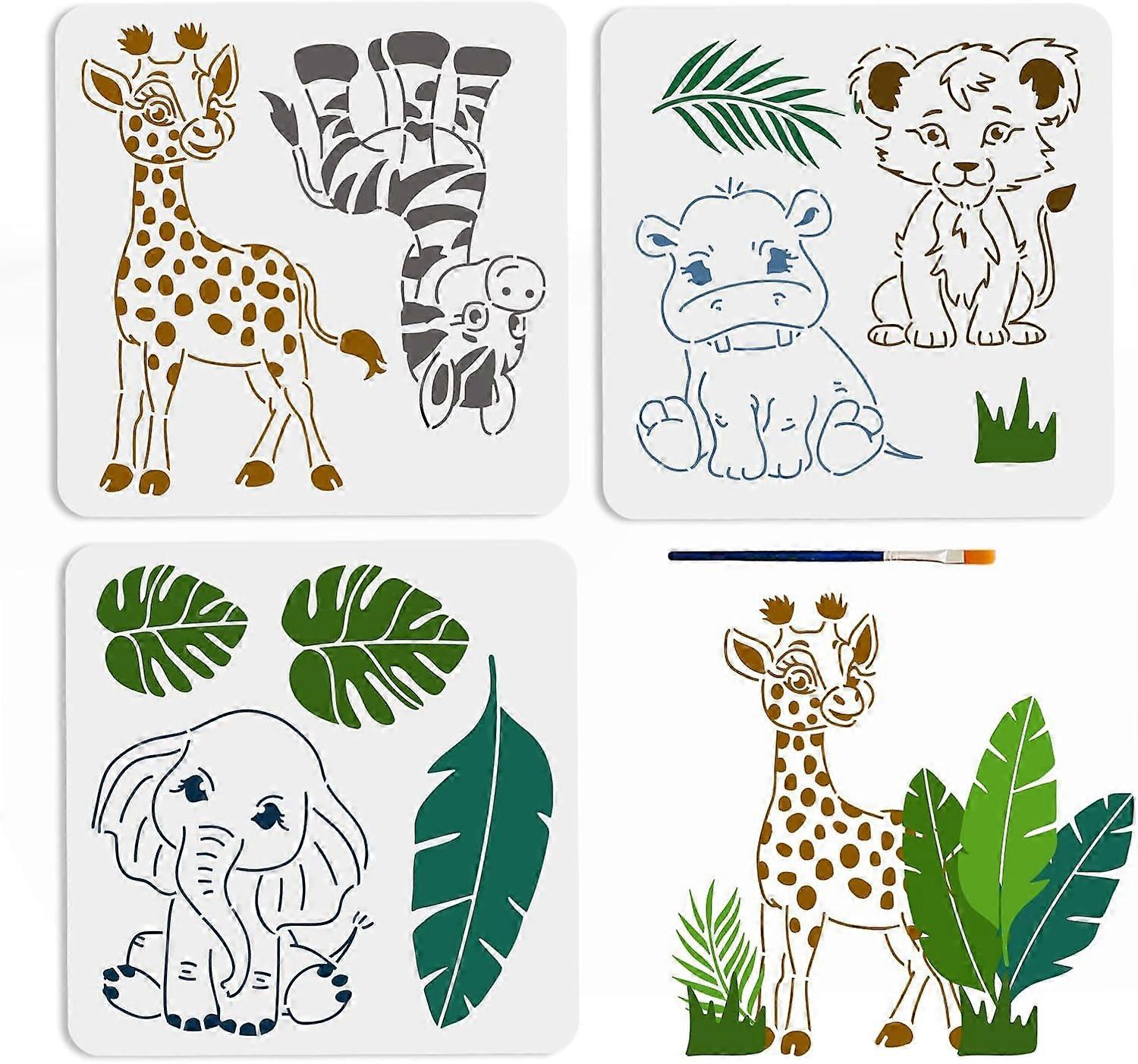 3pcs Small Animal Stencils Giraffe Zebra Lion Rhinoceros Elephant Tropical Leaves Painting Stencils 11.811.8inch with Paint Brush DIY Craft for Wood W
