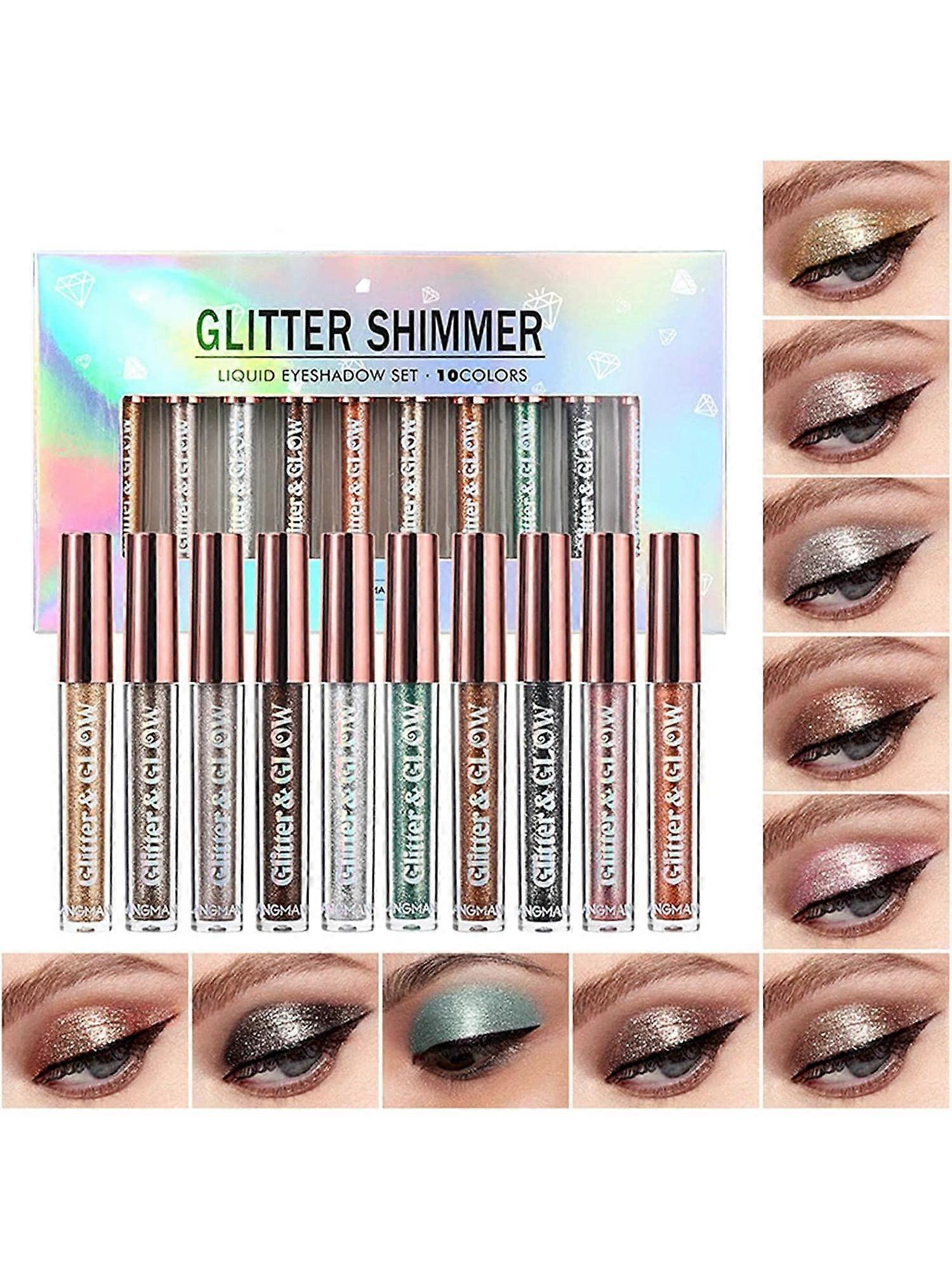 10PCS Liquid Eyeshadow, Shimmer Glitter Liquid Eye Shadow Set Waterproof Long Lasting Metals Sparkling Eyes Makeup Liquid Eyeshadow For Party Wedding