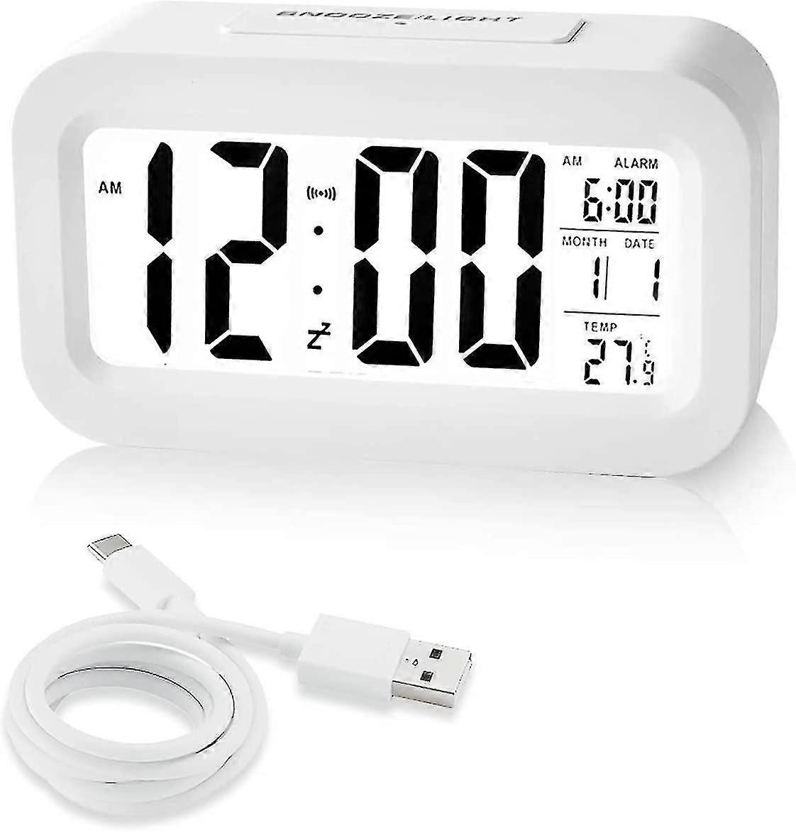 Despertador recarregável, Alarme Digital Clock Mains alimentado cabeceira com brilho ajustável, 12/24 horas data e temperatura Display Snooze Functi