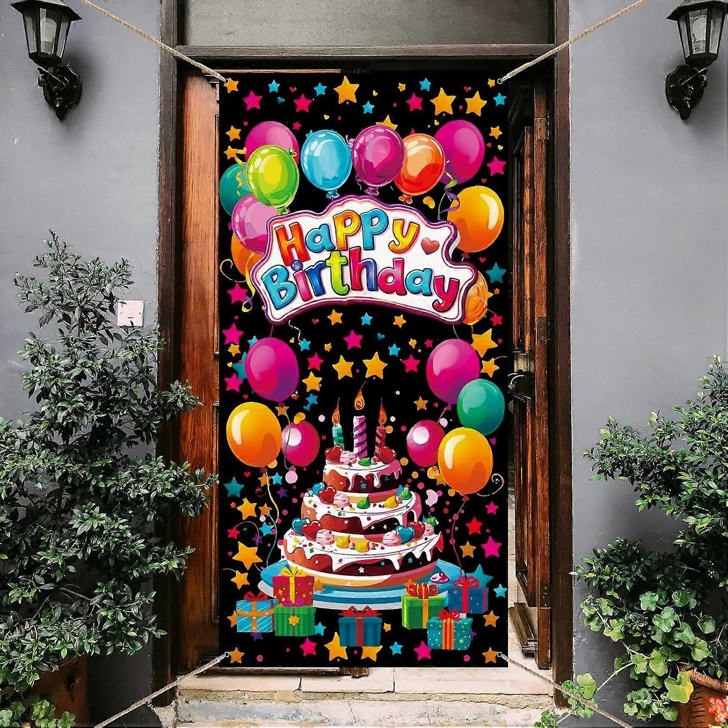 1 Pc Happy Birthday Door Cover Birthday Party Door Banner Cake Balloon Gift Backdrop Sign Polyester Background for Party Decoration Supplies 35.4x72.8