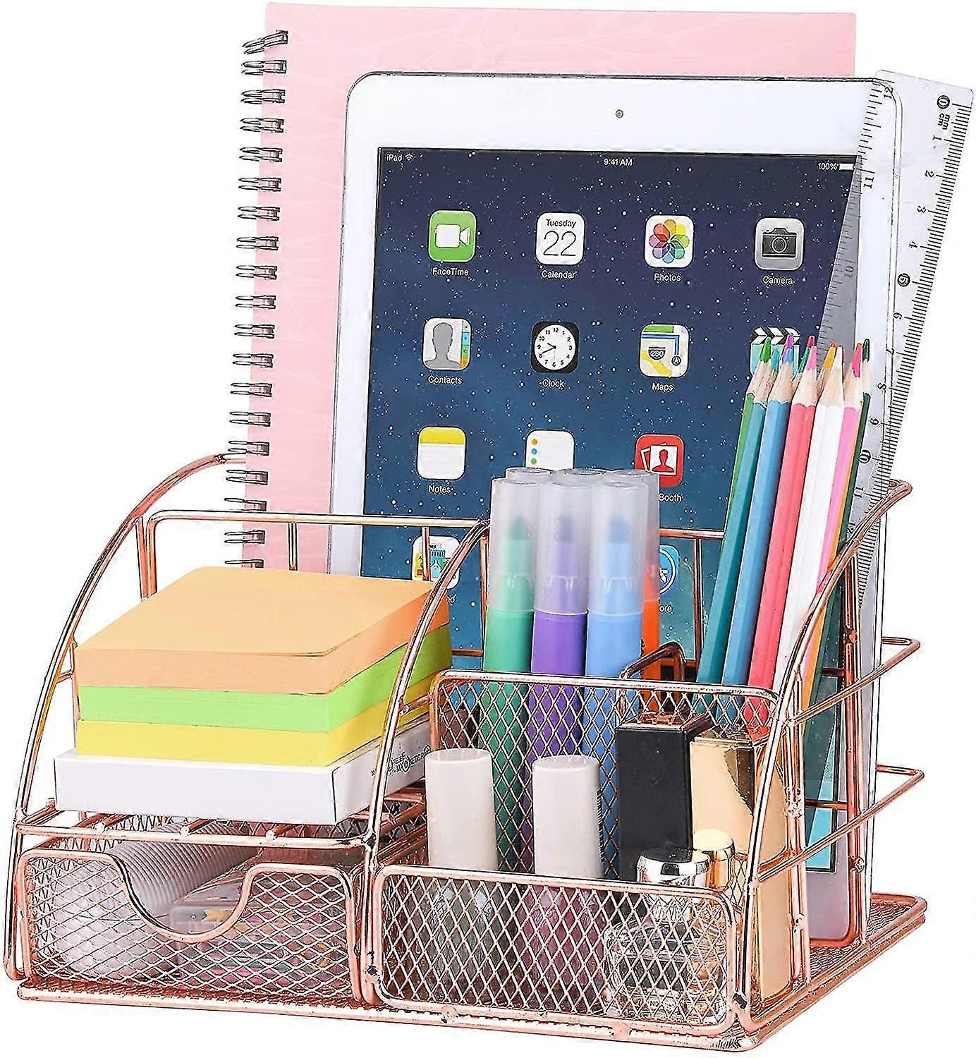 Desk Organizer For Women,cute Mesh Office Supplies Accessories Essentials Caddy With 5 Compartments+1 Mini Sliding Drawer For Home And Office Desktop
