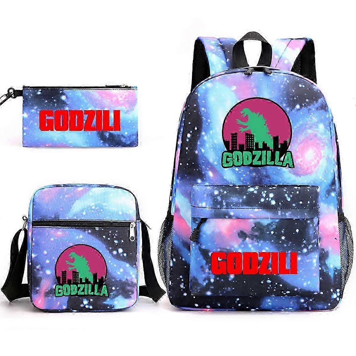 3pcs/set Godzillas-dinosaur Printed Backpack Set With Shoulder Bag Pencil Case School Bag Travel Daypack Lightweight Bookbags