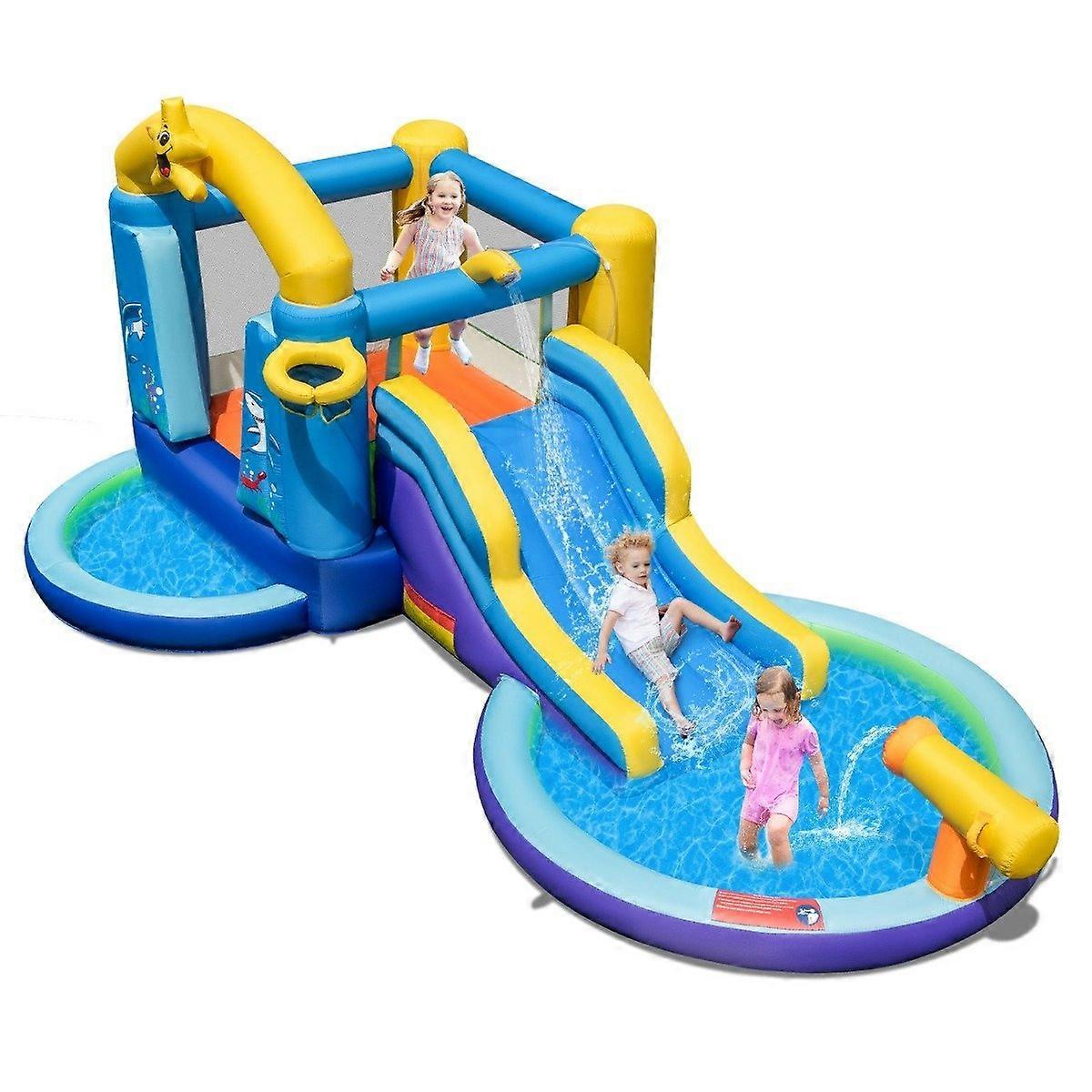 Aufblasbare Wasserrutsche mit 2 Pools & 680W Gebläse & Wasserwerfer blau