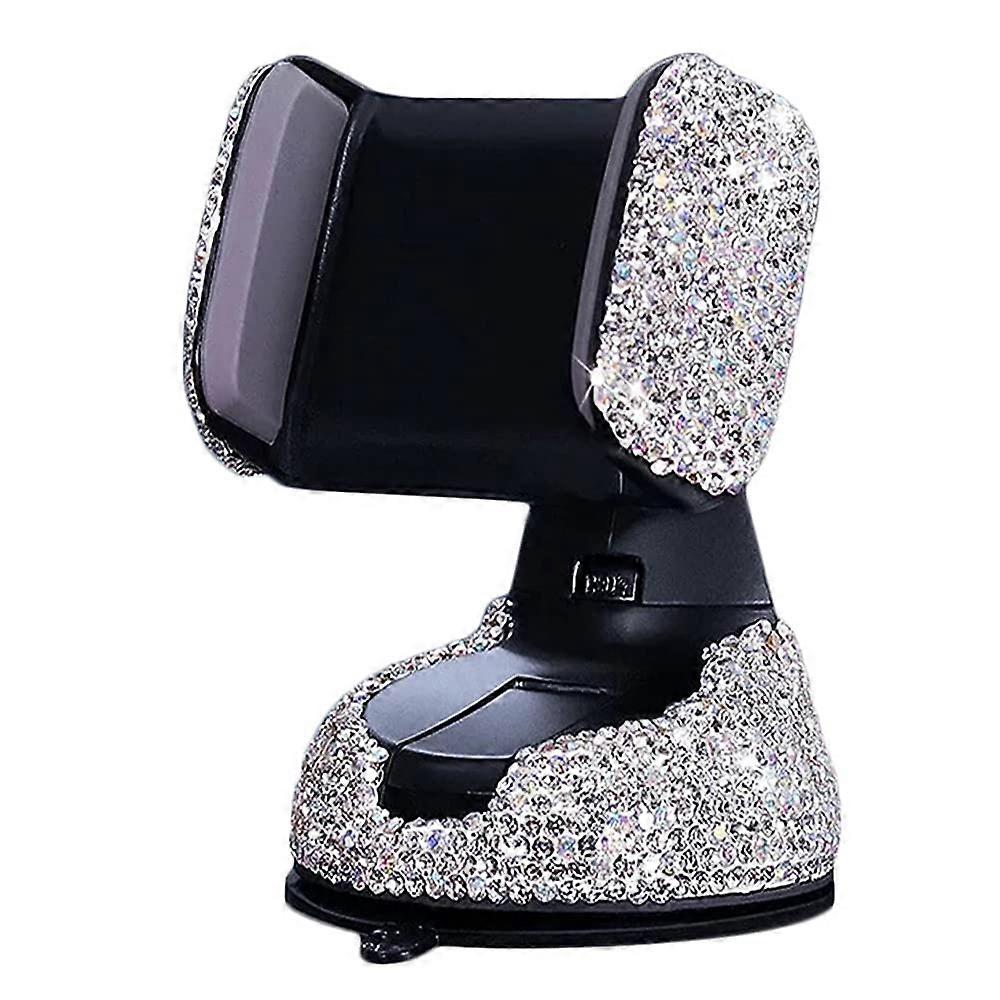 Bling Car Phone Holder, 360° Adjustable Rhinestone Crystal Mount for Windshield Dashboard Air Outlet - White Universal Accessory