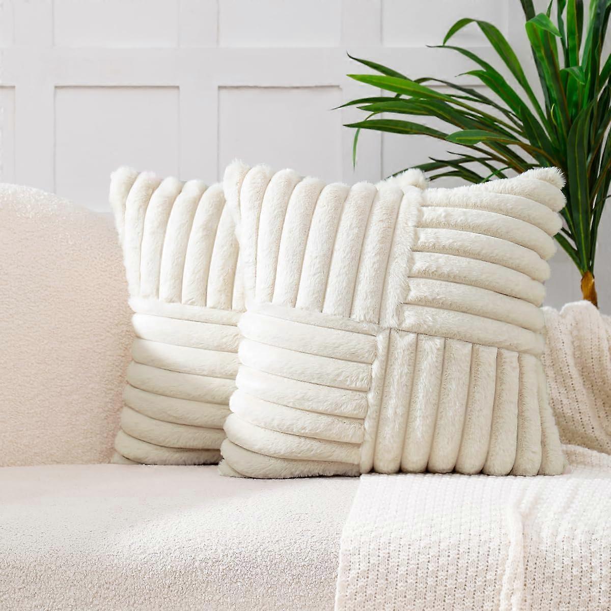 Sofa Decorative Pillow Cases 18x18 2 Set Fake Fur Plush Soft Hair Pillow Case, Beige