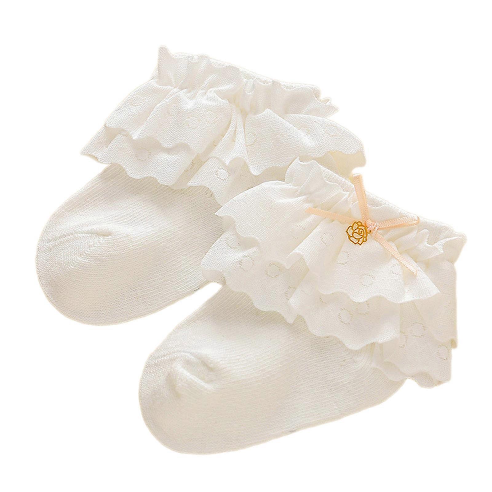 Meias Modernas com Acabamento em Renda Cor Sólida Meias de Tornozelo para Bebê Meias de Comprimento de Bezerro Infantil com Decoração de Renda para Meninas 1-8T Branco S