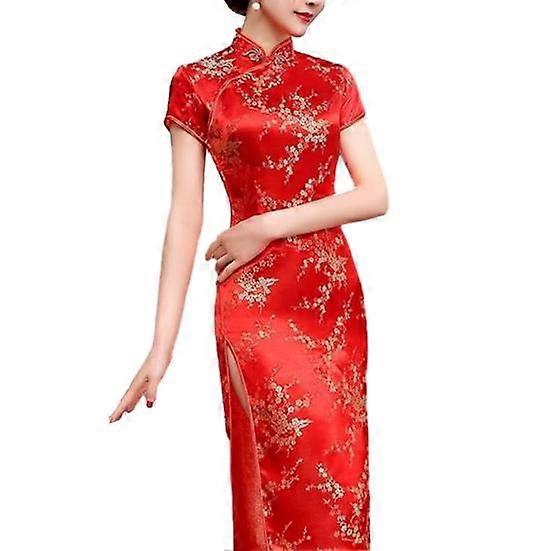 Style Floral Embroidery Stand Collar Short Sleeves High Side Split Chinese Knot Buttons Cheongsam Satin Silky Slim