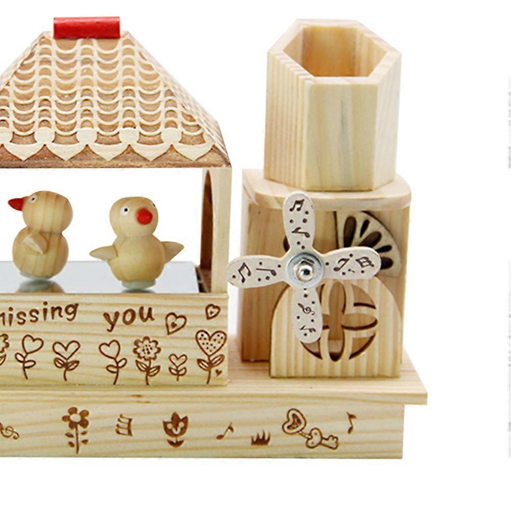 Wood Music Box Retro Design Dancing Bird Craft Windmill Shape Khaki 21 x 7.5 x 16 Cm No Battery Needed 1Pack
