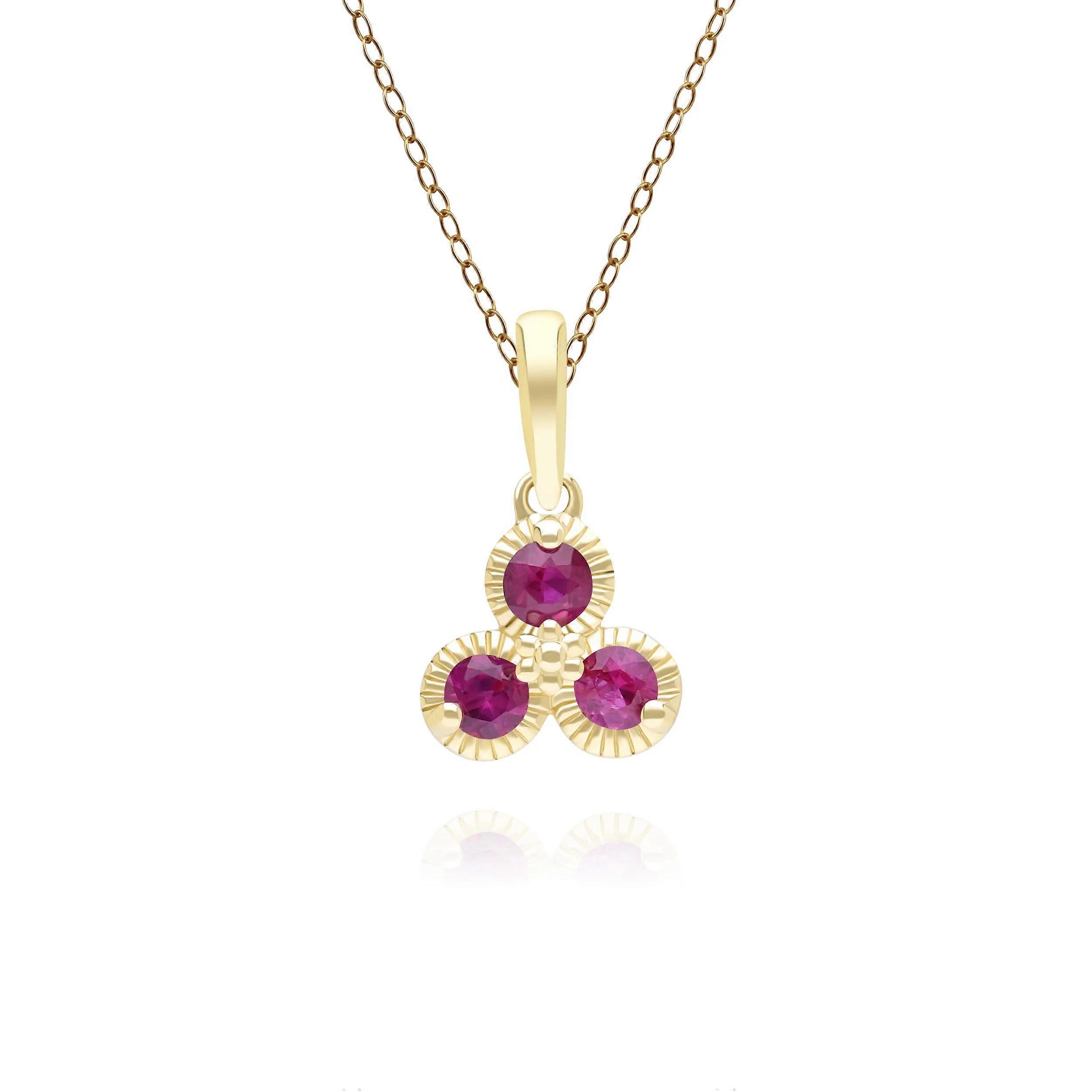 Floral Ruby Three Stone Pendant Necklace in 9ct Yellow Gold
