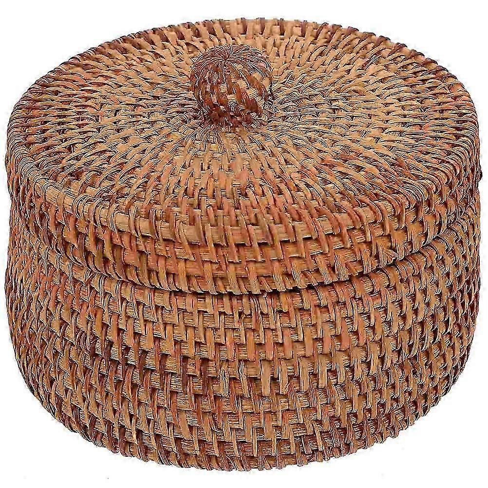 Lidded Rattan Box Round Multi-purpose Desktop Sundries Storage Organizer