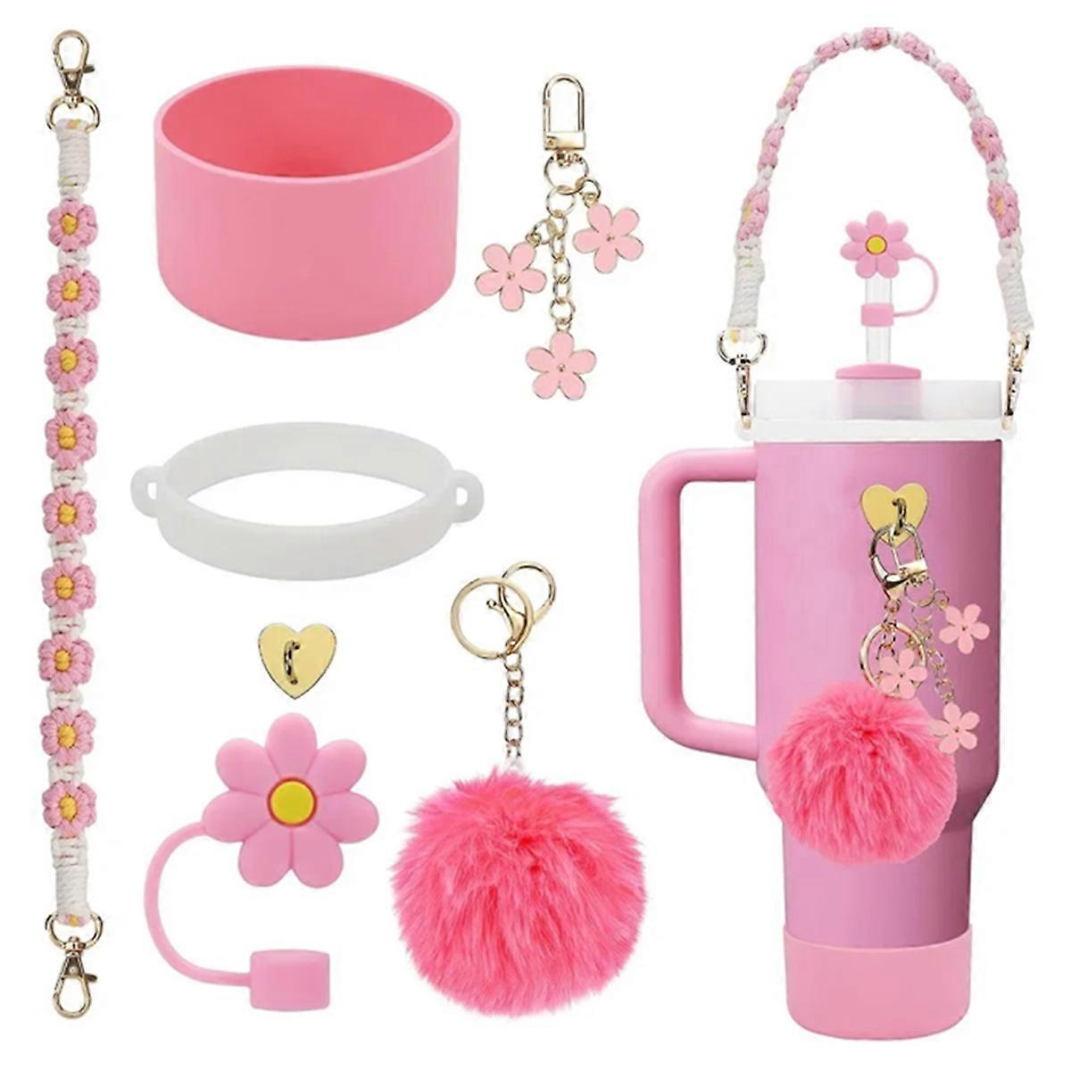 Cup Accessories Set Includes Handle Strap, Silicone Cup Sleeve, Straw Cover Charm Water Cup Handle, Flower Cup Chain C