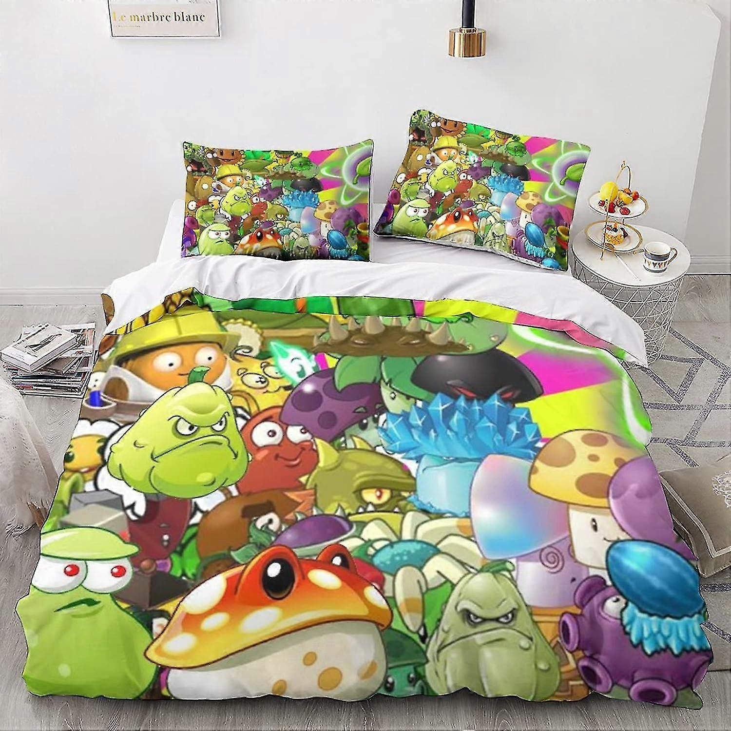 3D Printed Duvet Cover Set with Pillowcases for Plants Vs. Zombies, Hypoallergenic Soft Microfiber, Double with Zipper Closure