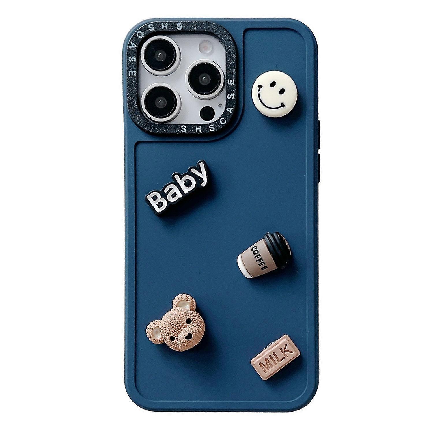 For iPhone 16 Pro TPU Phone Case 3D Cute Coffee Bear Back Cover with Black Camera Frame - Dark Blue