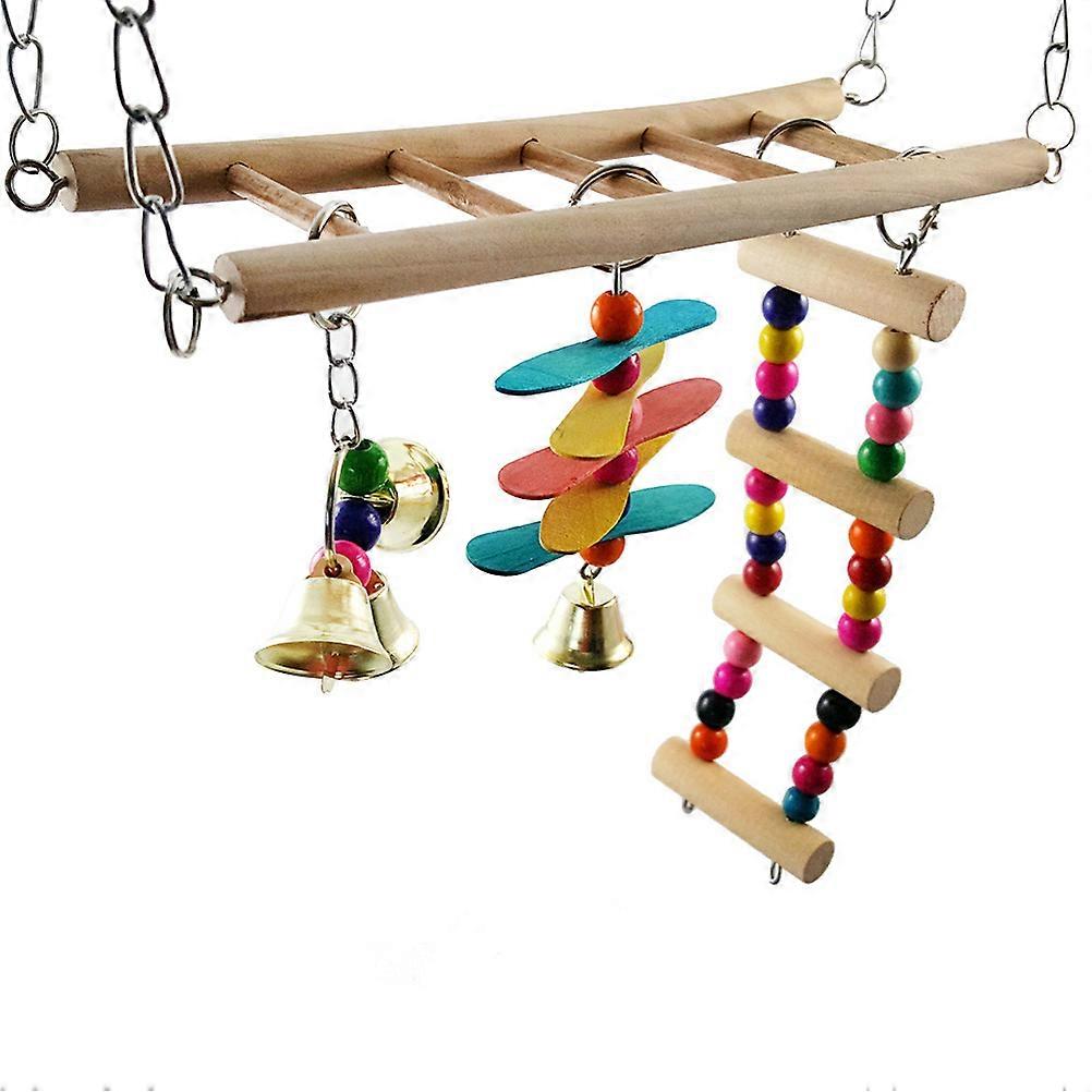 Wooden Stair Swing Stand for Pet Parrots with Colorful Beads and Bell – Durable Indoor Bird Perch and Vibrant Wall Decoration for Play and Perching