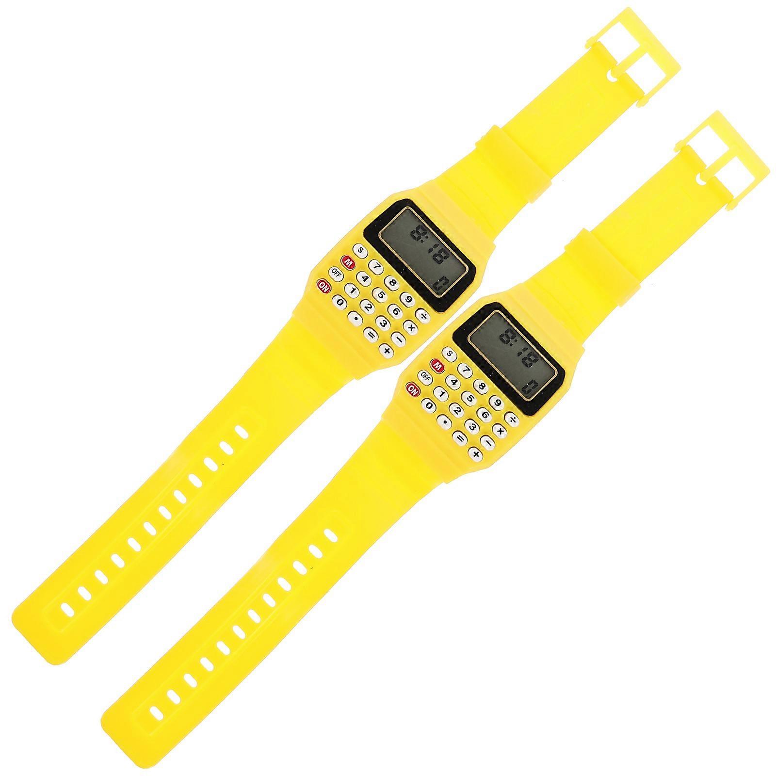 Calculator Watch for Kids Made of Plastic Easy to Wear and Portable Creative Design Yellow 2 Pieces