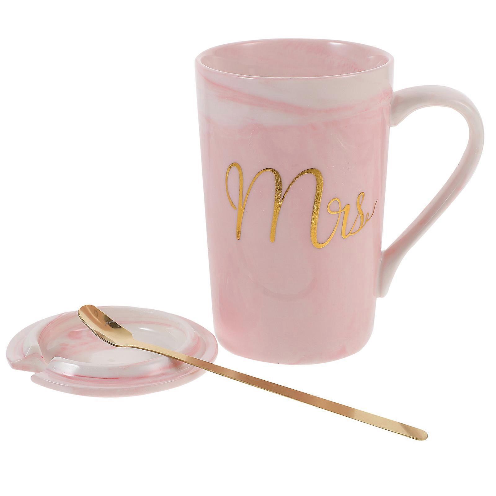 Pink Ceramic Coffee Mug with Lid and Spoon for Home Use Portable Decorative Cup