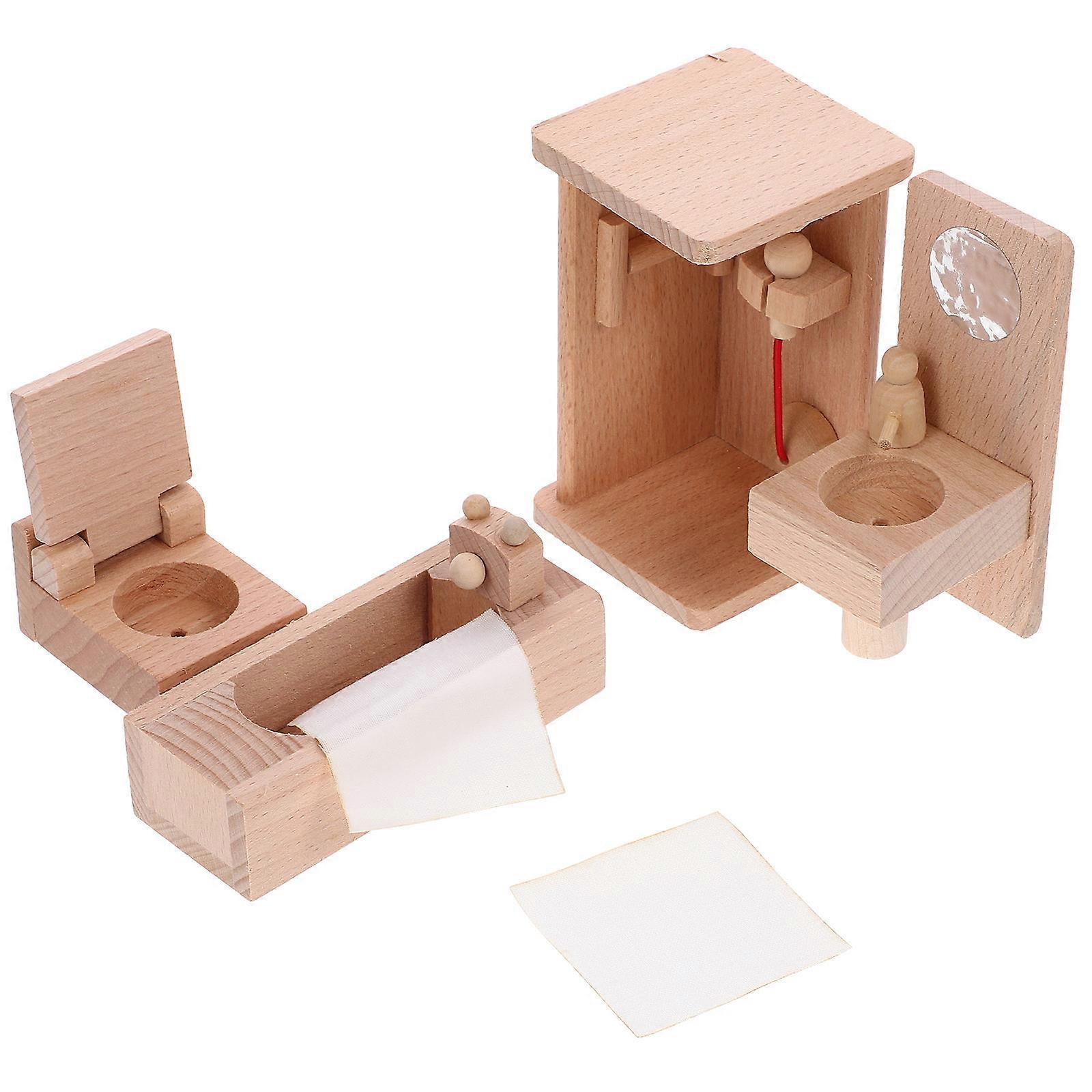 Miniature Wooden Bathroom Set with Bathtub, Toilet & Wash Basin for Dollhouses – Realistic Home Decor for Play and Collecting