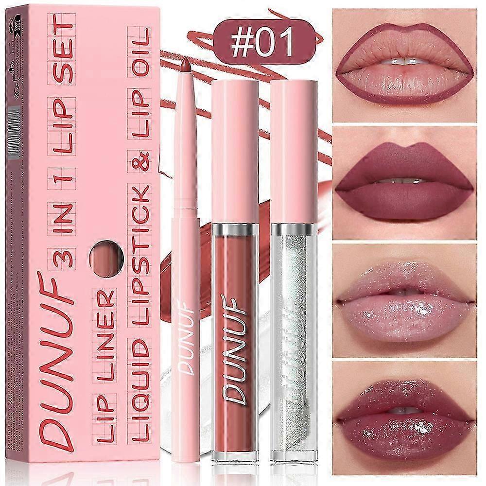 3-in-1 Lipgloss Set, Nude Pink Lipliner Long Lasting Waterproof Lip Stick Non-fading Full-Coverage Highly Pigmented Lip Stain Shiny Lip Gloss Set, Gif