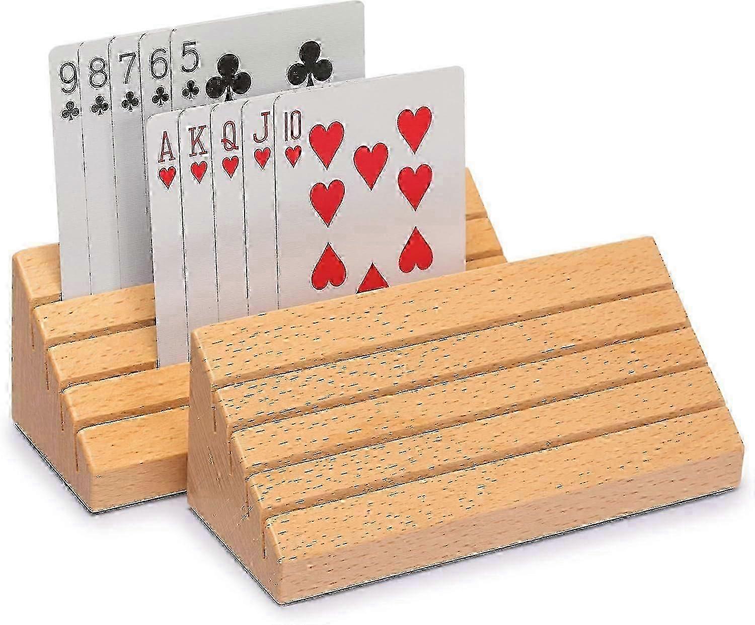 Set Of 2 Card Organizers Wooden Playing Card Holder, Solid Wood Base, Hands Free Storage Rack-good