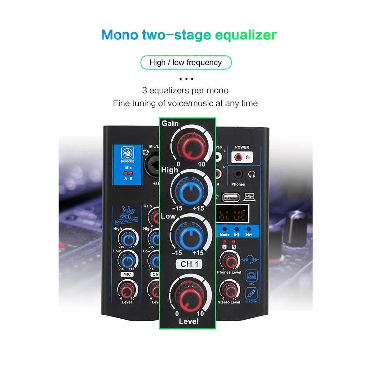 5 Channel USB Audio Mixer with Wireless Microphone Studio Sound Mixer Bluetooth REC DJ Console Mixing for Karaoke