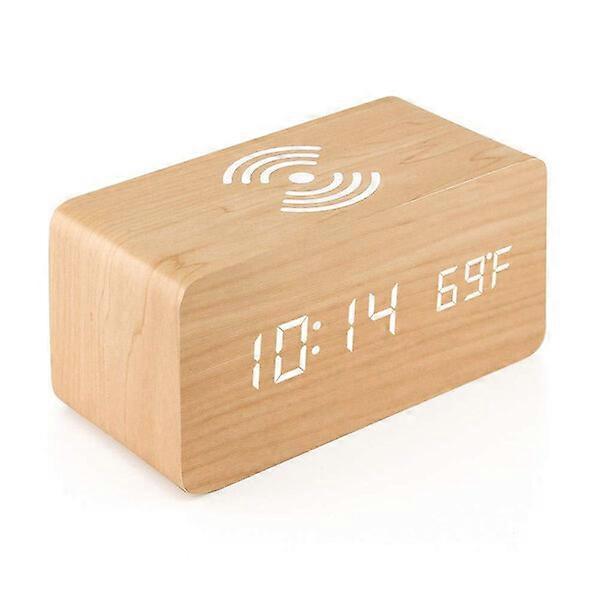 Wooden digital alarm clock with dual alarm function and wireless charging