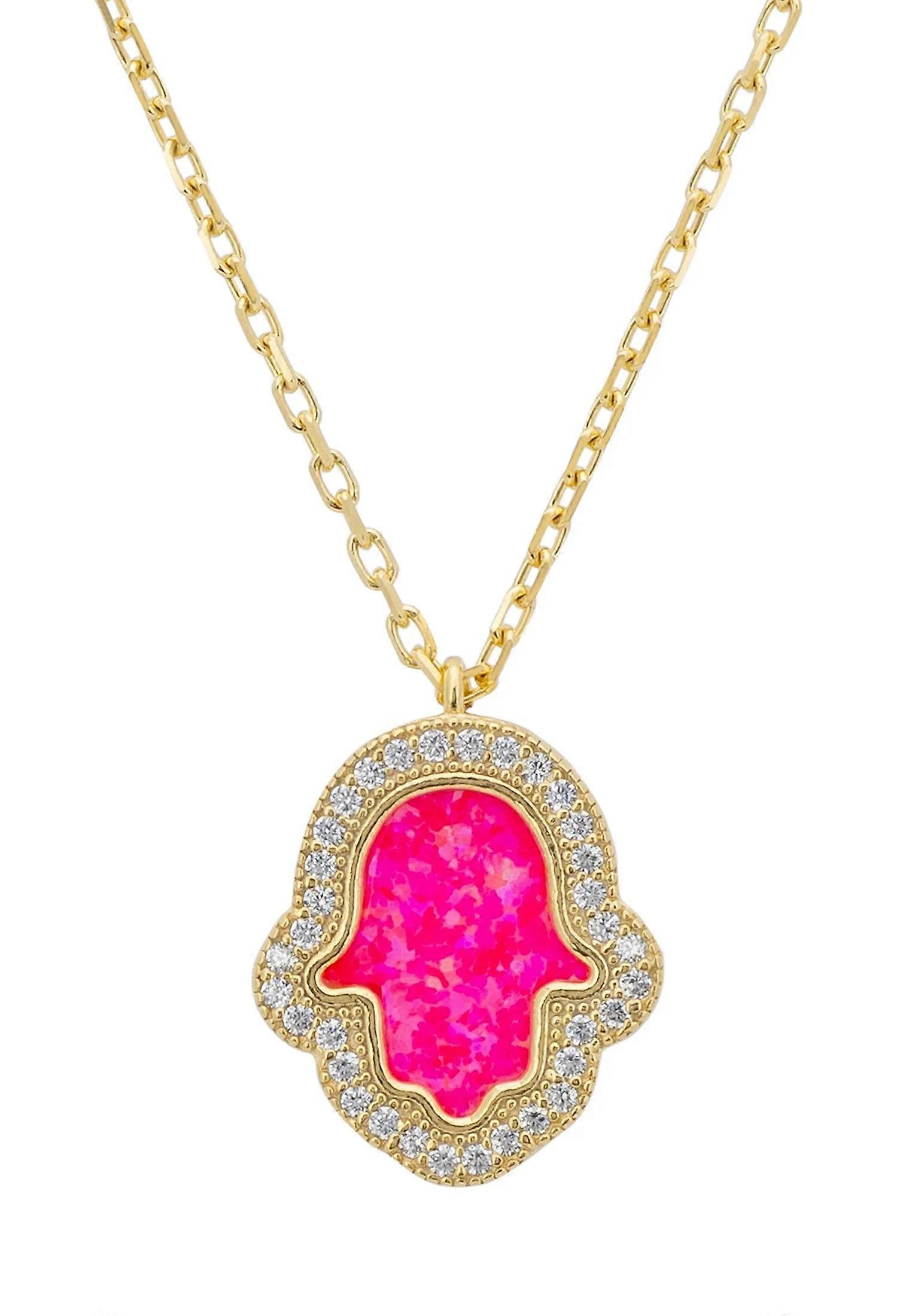 Latelita 粉色蛋白石 Hamsa 女士项链 - 925 纯银浸入 18K 黄金 - 40-45 厘米链条