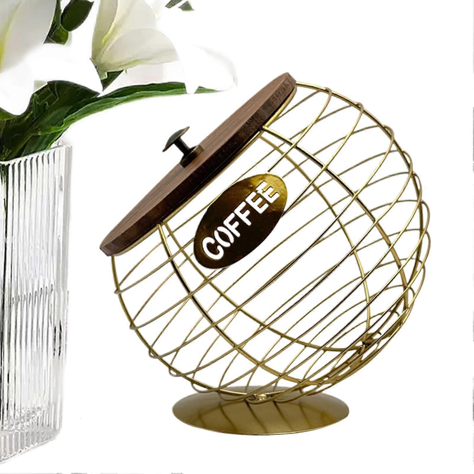 Coffee Pod Holder Countertop With Beveled Mouth And Lid Large Capacity Storage Gold Finish