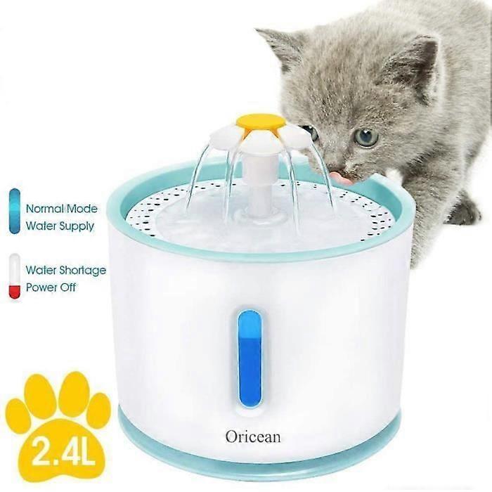 Oricean 2.4L Cat and Dog Water Fountain with Filter and LED Light, Automatic Shut-Off, Quiet Pump, White and Gray