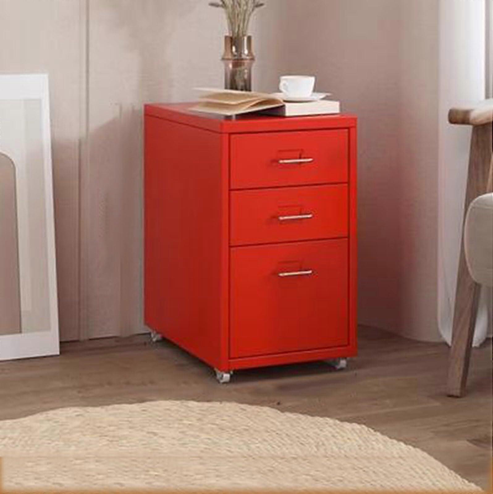 Mobile Metal File Cabinet with Lock and Wheels, Under Desk Vertical Storage Drawer, Red (18'x16'x11')