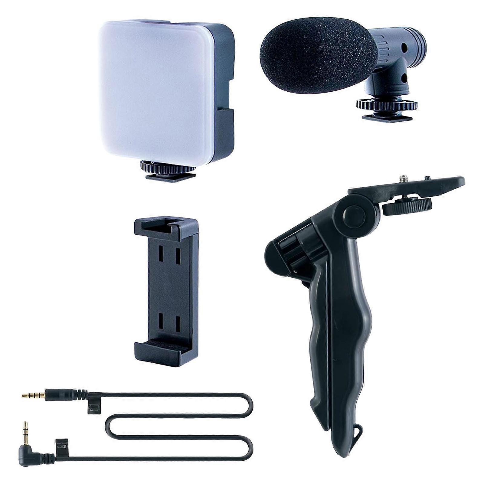 Portable Vlog Set with Tripod Brightness Adjustable Light Microphone and Phone Clip for Smartphones Starter Set Multicolor