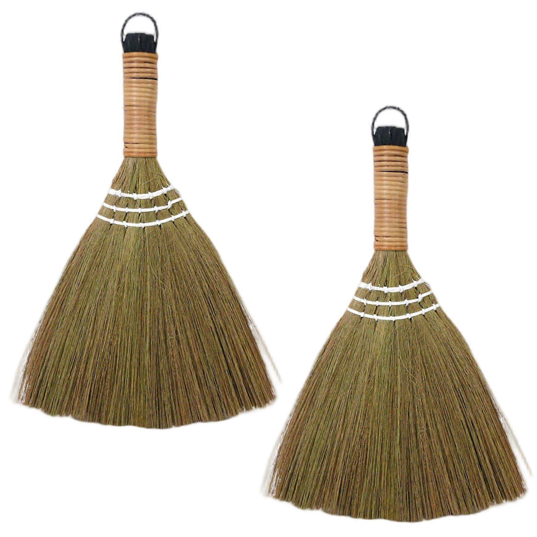 Straw Broom Set of 2 Miscanthus Handheld Floor Brush for Home Sweeping and Hard Surface Cleaning