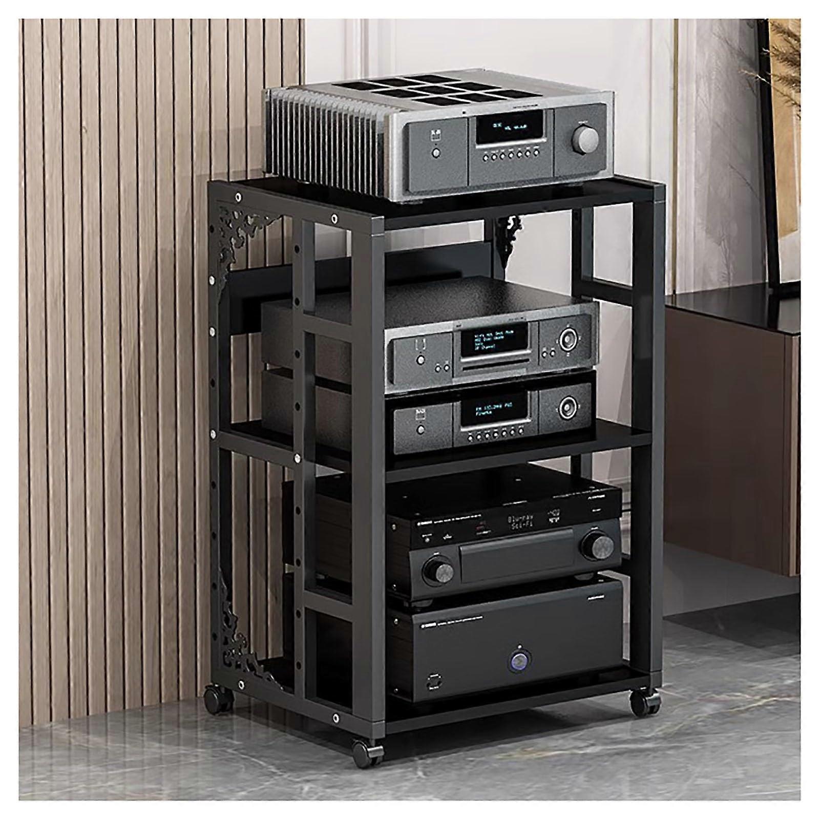 Server and AV Equipment Open Frame Rack with Wheels and Media Storage Shelves, Black 50x40x69cm